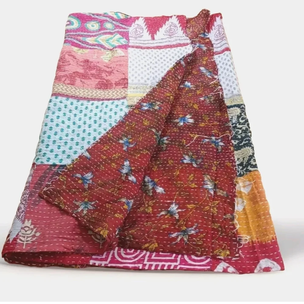 Kantha Fringed Patchwork Reversible Shawl Wrap Scarf Boho Festival Fairy 36